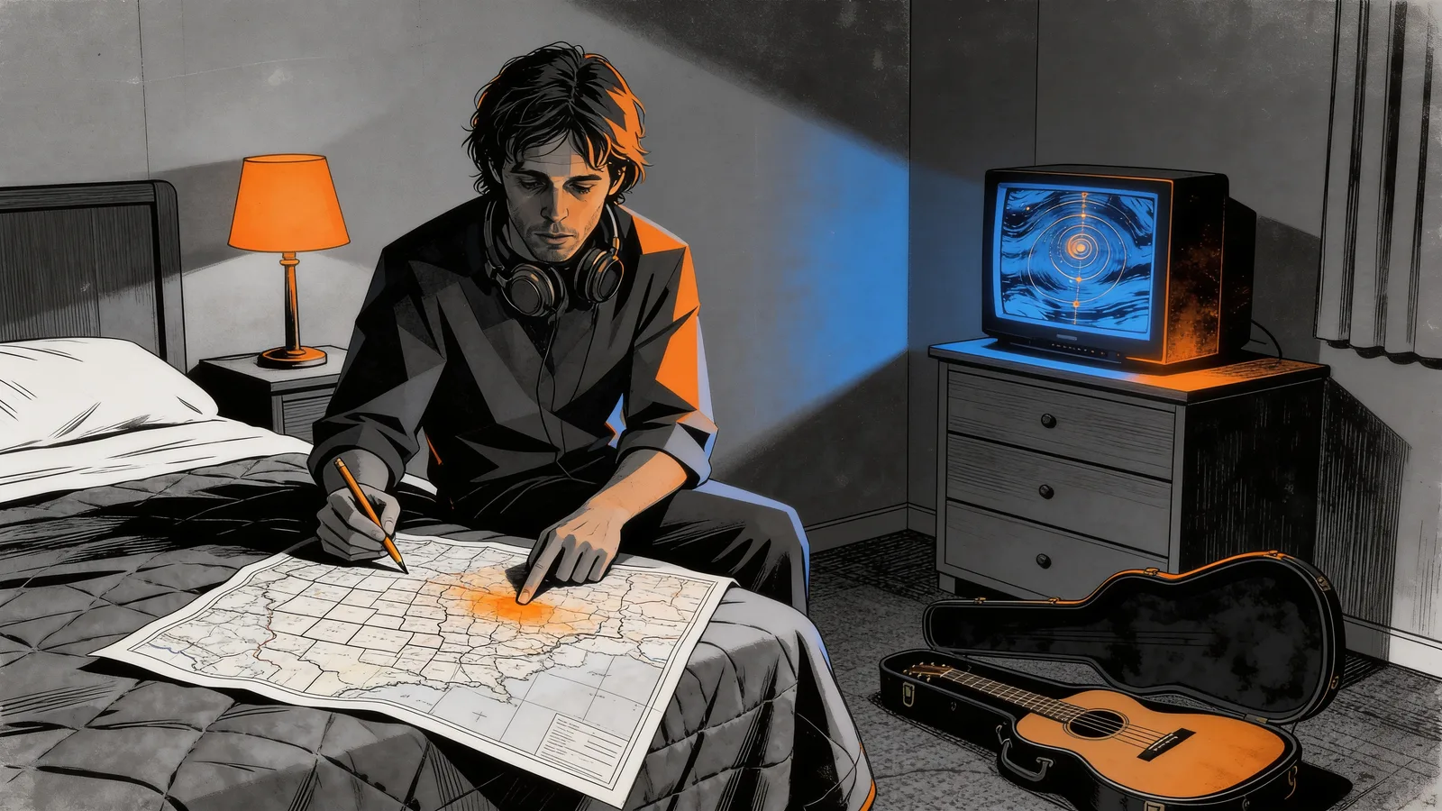 A man with headphones around his neck sits on a bed in a motel room, pointing at a map spread out on the bed, with a guitar case on the floor and a TV showing swirling patterns.