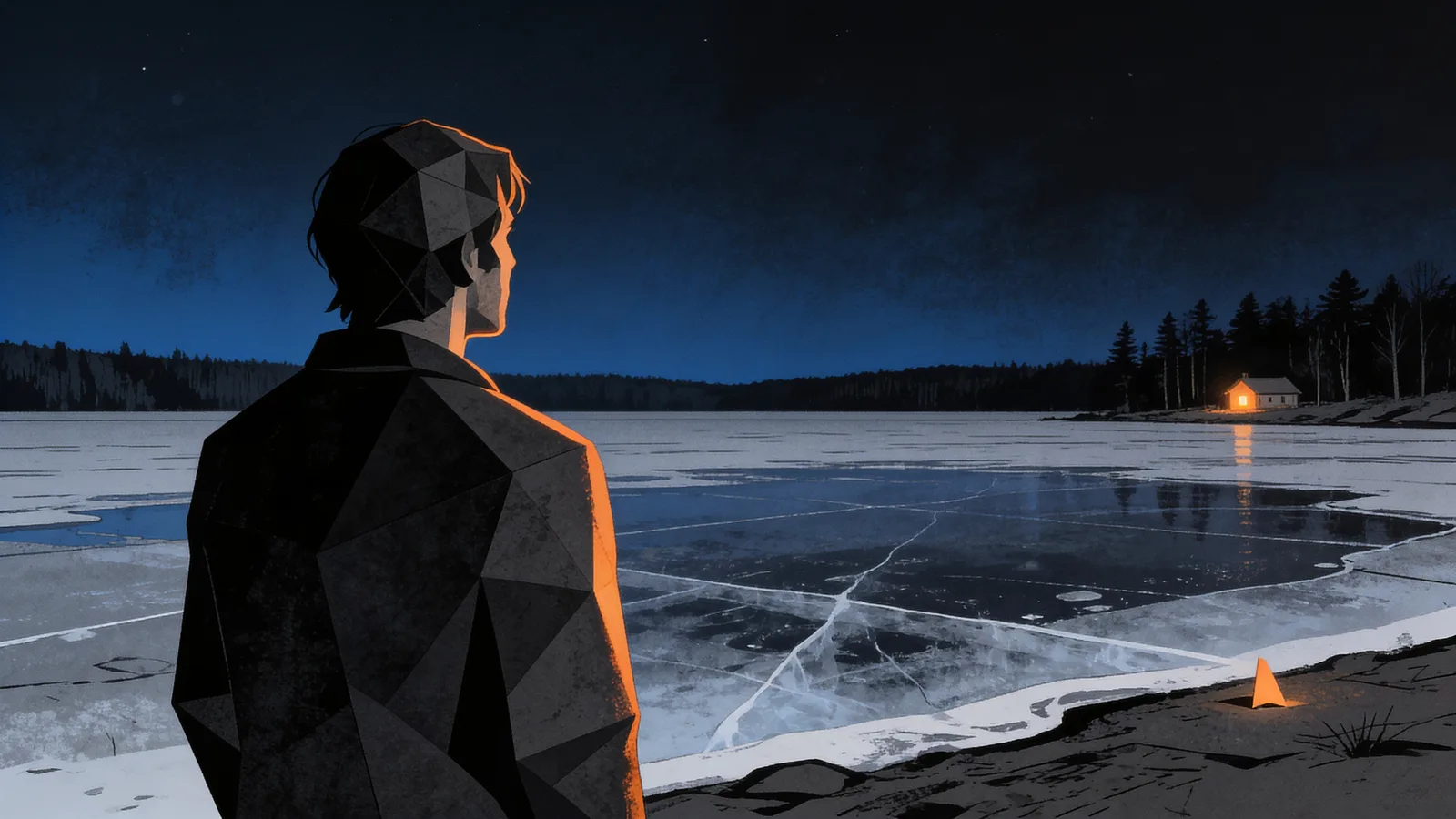 A man with headphones around his neck stands on the shore of a frozen lake at night, looking toward a distant cabin with a lit window, surrounded by trees and a starry sky.
