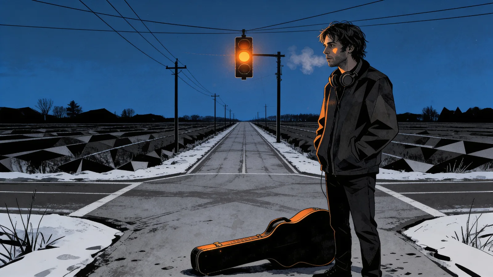 A man with headphones around his neck stands on a snowy road intersection at night, with an orange traffic light glowing above and a guitar case on the ground.