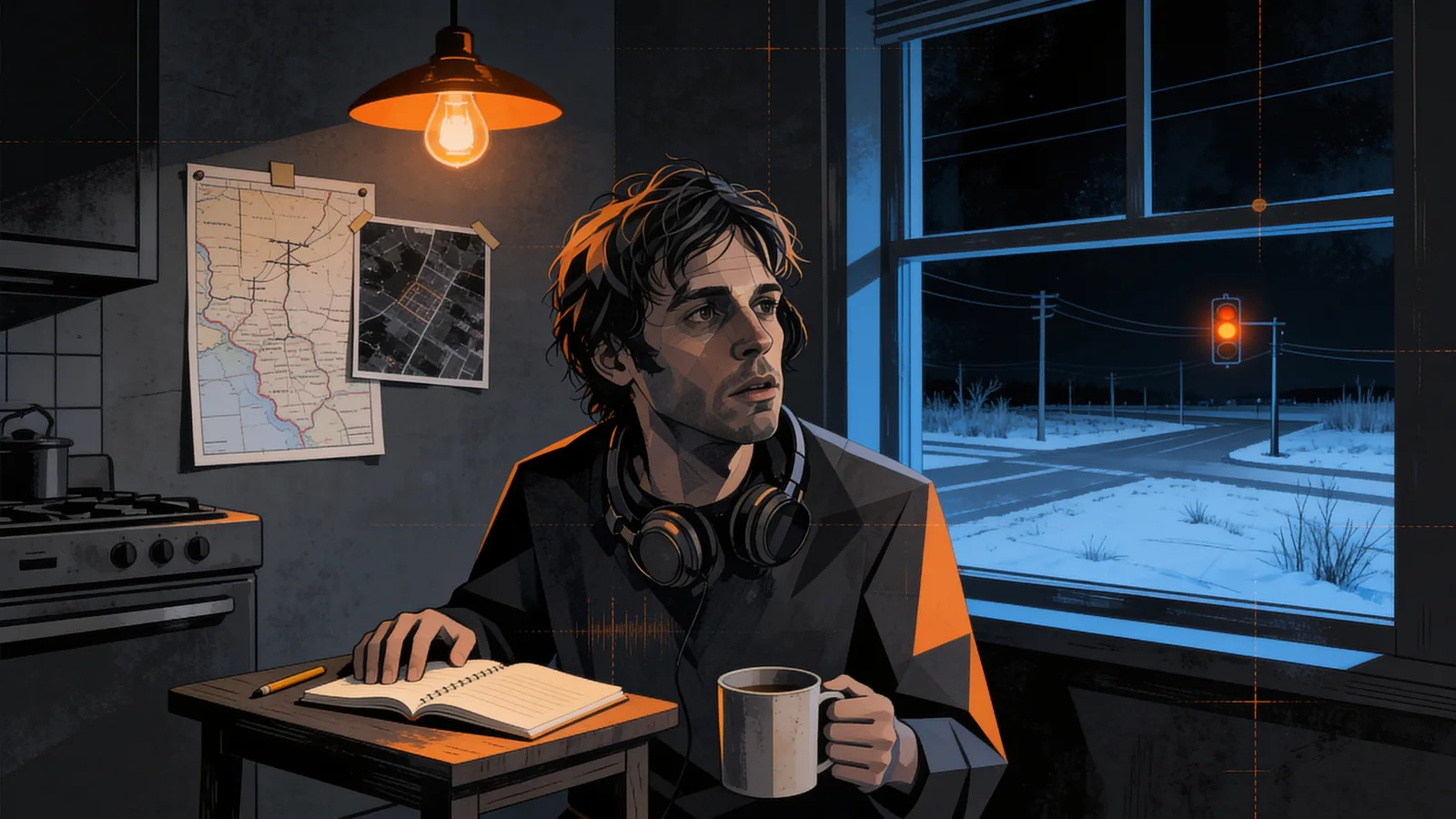 A man with headphones around his neck sits at a small table in a dark kitchen, holding a coffee mug and writing in a notebook, with a glowing orange traffic light visible through the window.