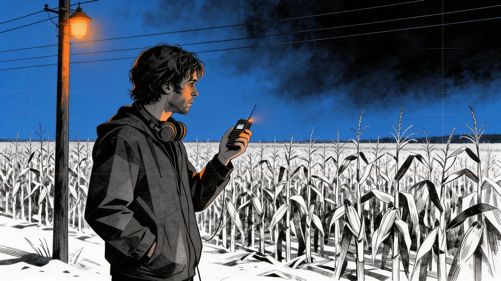 A man with headphones around his neck stands in a snowy cornfield at night, holding a walkie-talkie, with a glowing streetlamp and dark sky behind him.