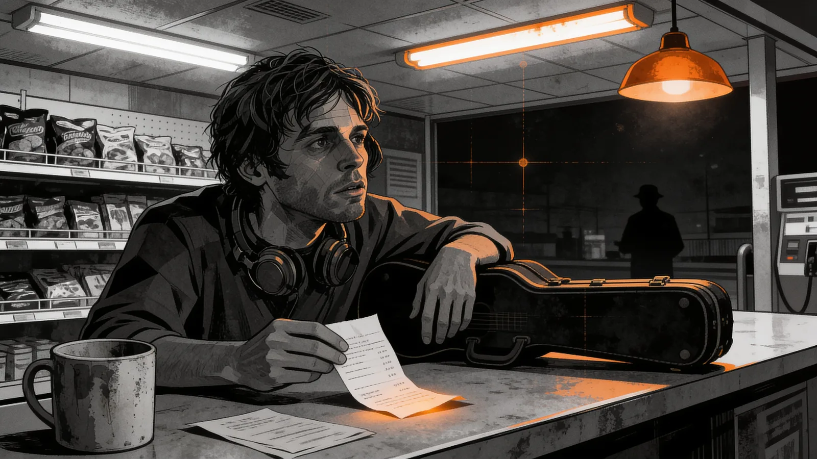 A man with headphones around his neck leans on a counter inside a gas station, holding a receipt, with a guitar case on the counter and a shadowy figure visible outside the window at night.