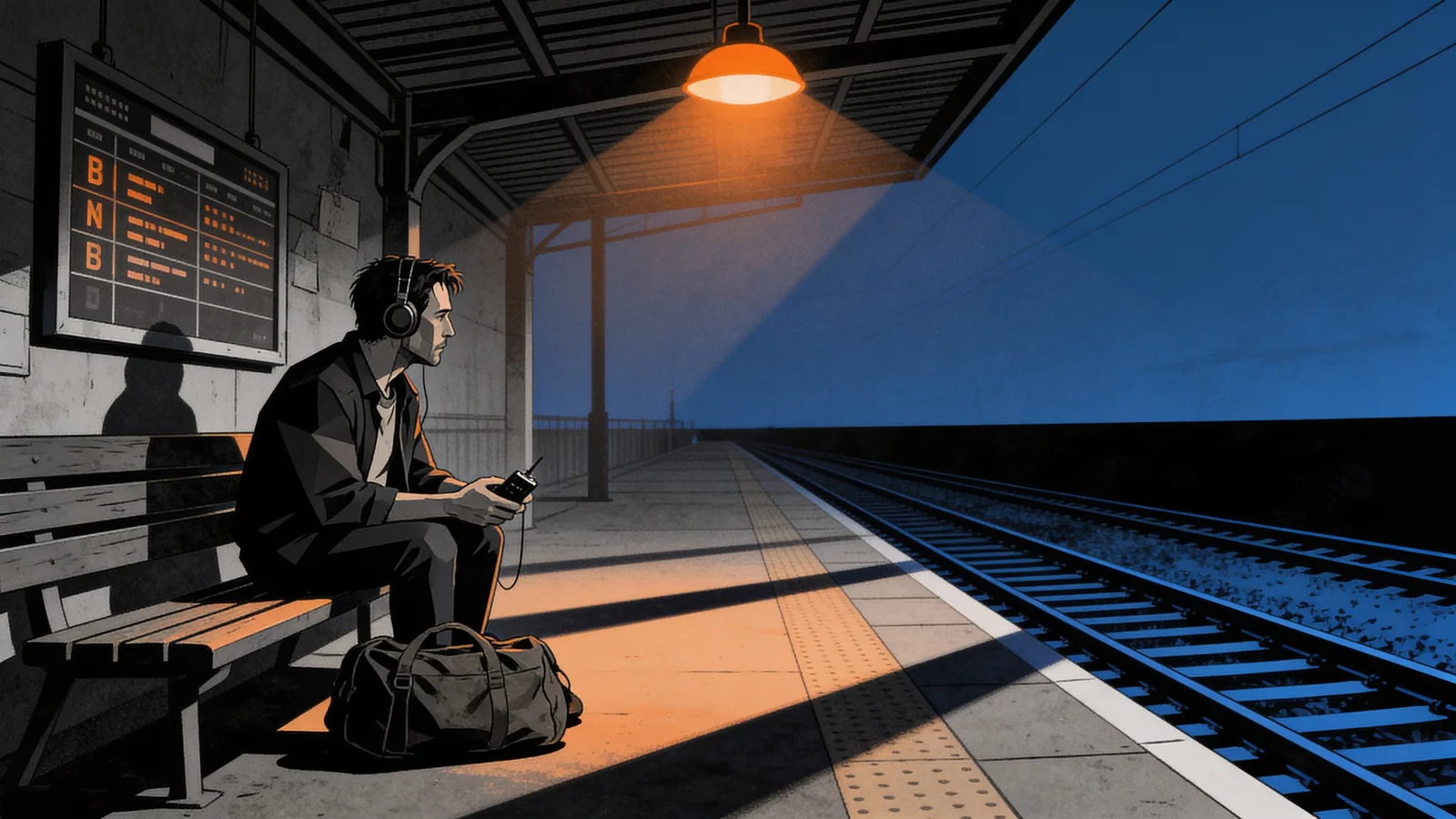 Man wearing headphones sits on a bench at a nearly empty train platform at night, holding a portable radio with a duffel bag beside him.