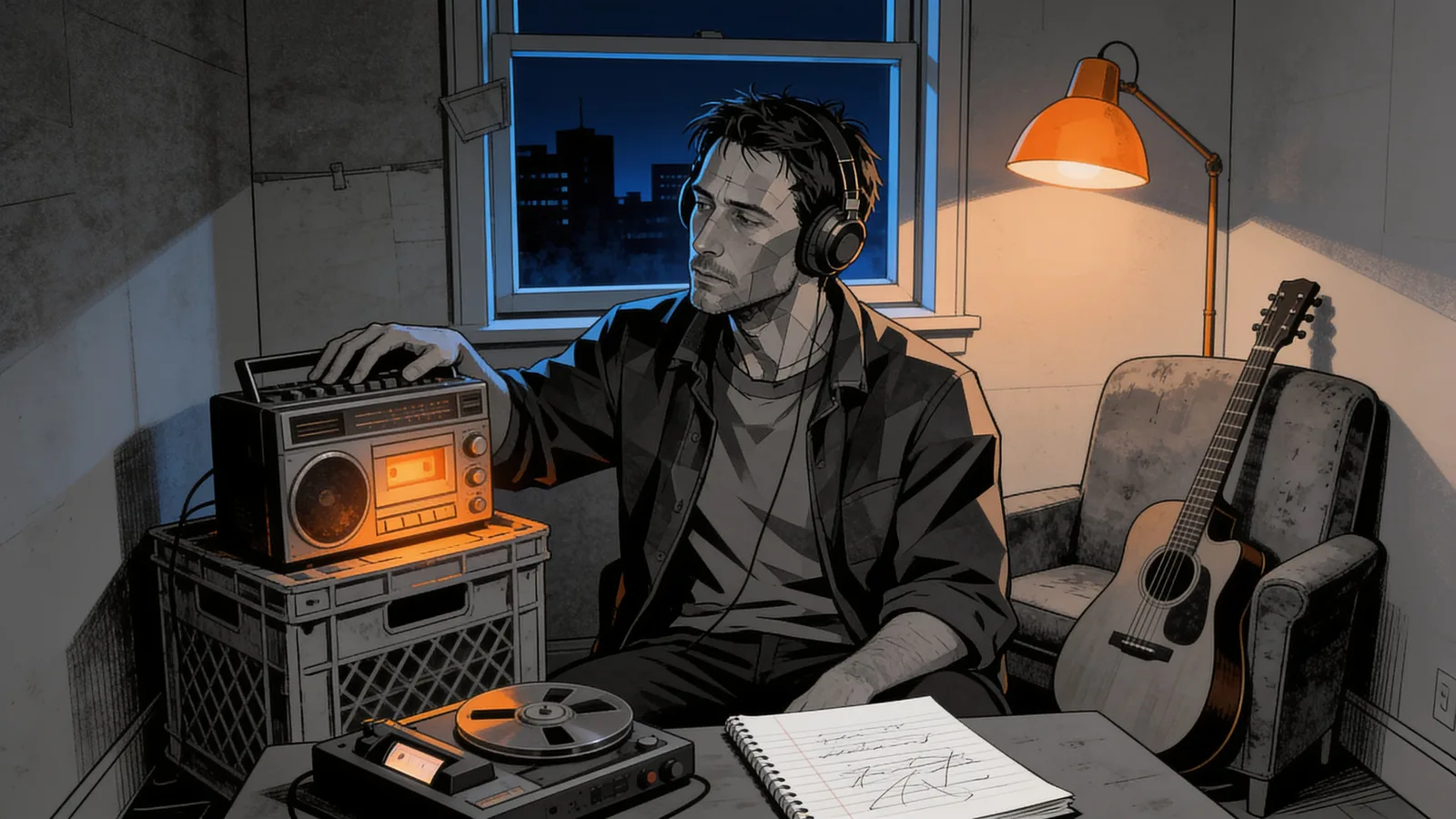 Man wearing headphones sits at a table tuning a vintage radio, with a guitar leaning against a chair and a lamp casting warm light.