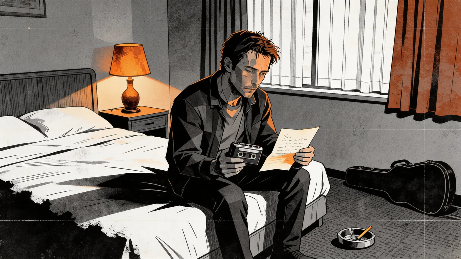 Man seated on a motel bed holding a cassette tape and a letter, with a guitar case and ashtray on the floor, lamp glowing softly.