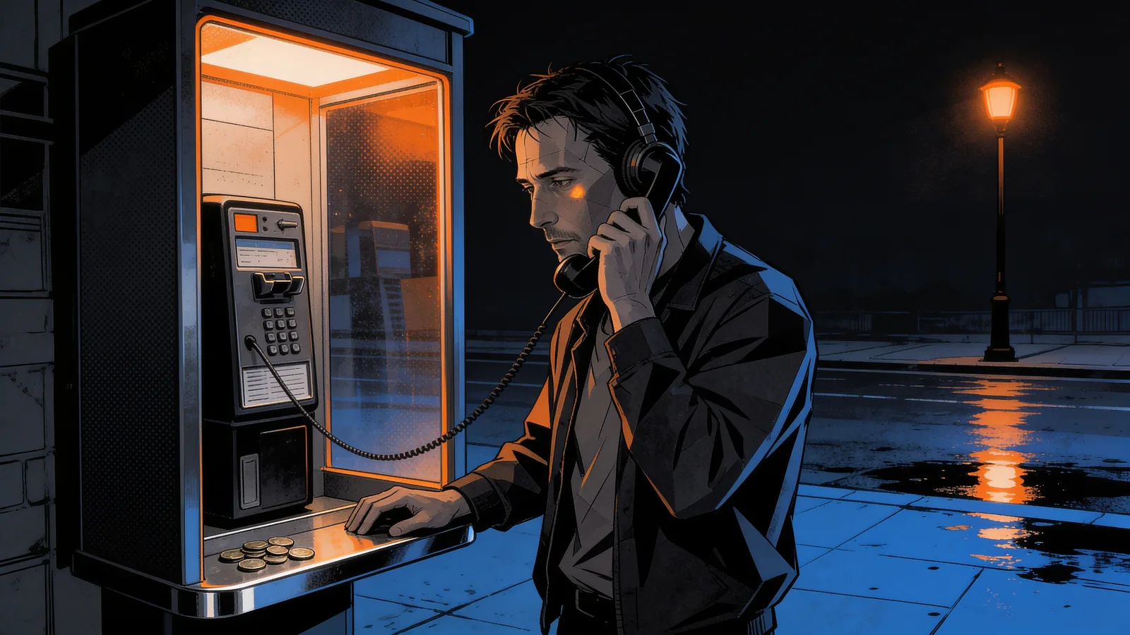 Man using a payphone booth at night on a wet street, wearing headphones and dark clothing, illuminated by the booth's orange light.