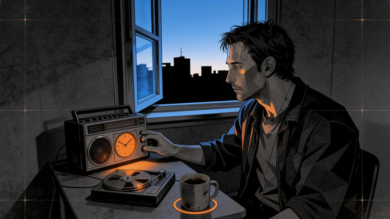 Man adjusts a radio on a table near an open window with a city skyline at dusk, a coffee cup on the table and a reel-to-reel tape recorder present.
