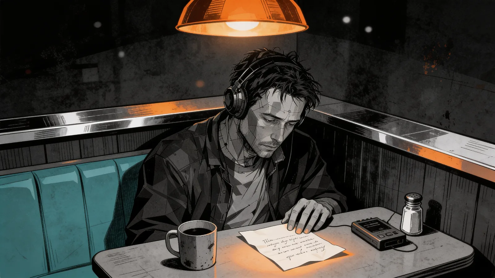 Man wearing headphones sits in a diner booth with a coffee cup, note, and tape recorder on the table under a hanging lamp.